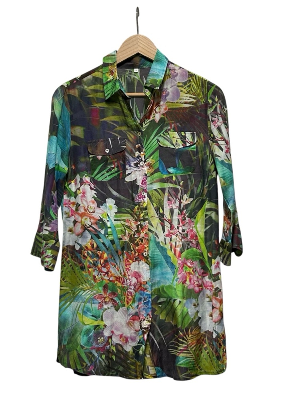 Cotton/Silk Blend Tropical Floral Button-Up Shirt / Minidress